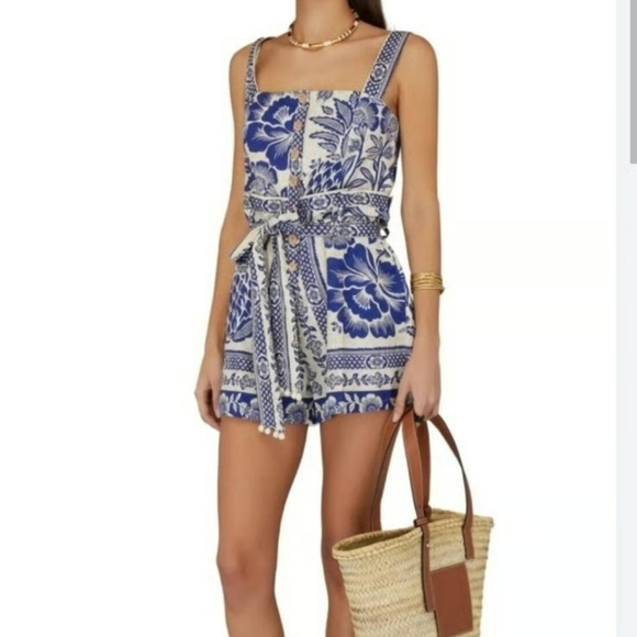 Rachel Zoe Red White Blue Linen Blend Romper Size 8 Button Down Neck Tie - Picture 4 of 10